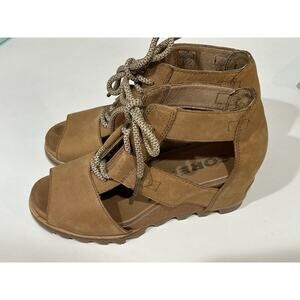 Sorel Joanie II Wedge Lace Up Sandals Camel Brown Suede Size US 8